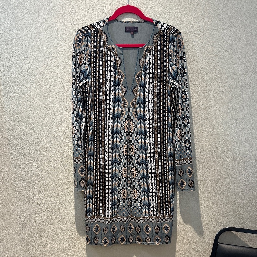 Hale Bob Long Sleeve Dress in Gray with Blue & Tan Accent Size Large